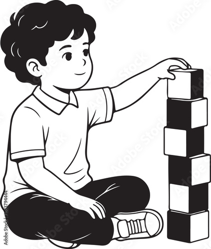 Boy Playing with Building Blocks Tower - Black and White Line Art Illustration