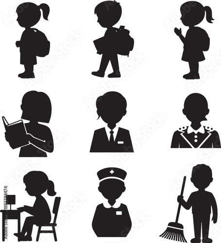 Diverse people silhouettes children and professionals collection vector illustration