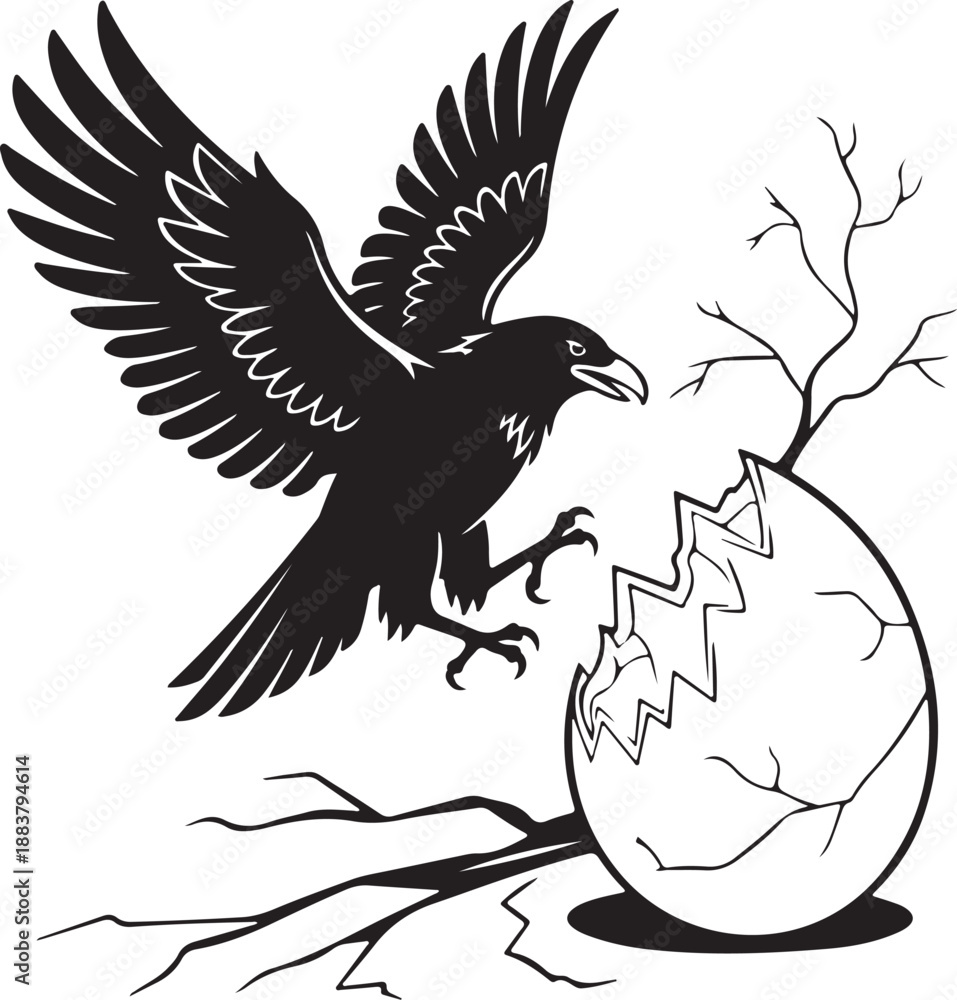 Fototapeta premium Black Silhouette of Flying Raven Attacking Cracked Egg Vector Illustration