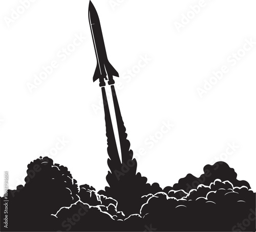 Black silhouette of a rocket launching with exhaust smoke on white background.
