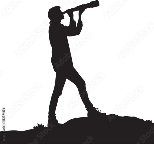 Explorer Silhouette Looking Through Spyglass on Hill Searching for Future