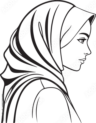 Elegant Muslim woman in hijab, profile line art illustration