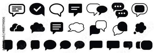 Black speech bubble set with comic chat and dialog boxes, featuring different speech bubble shapes with editable stroke, perfect for talk, dialogue, decoration, comics, messaging