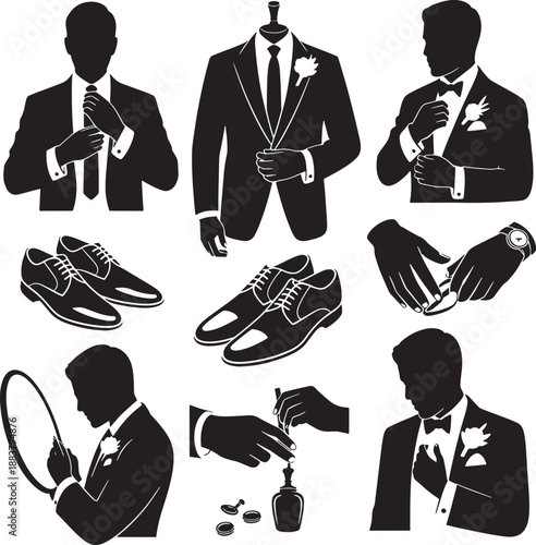Groom getting ready silhouettes of suit, shoes, tie, cufflinks and perfume