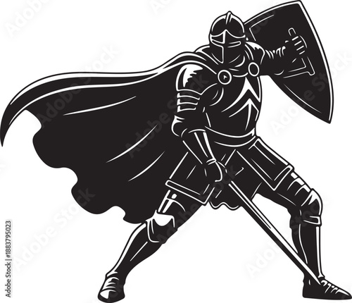 Black and white illustration of a medieval knight warrior in full armor with sword and shield.