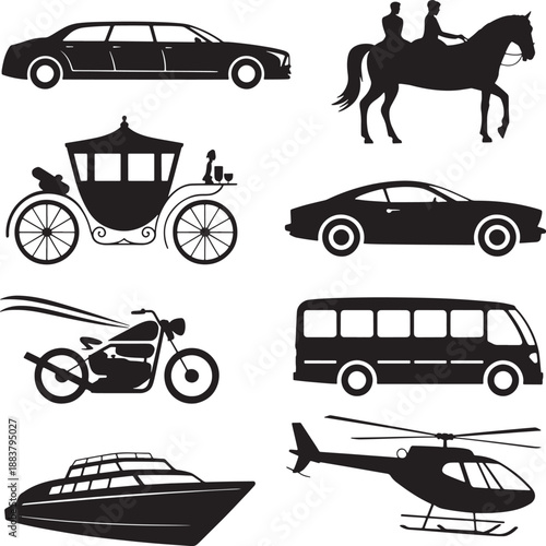 Luxury transport icon set limousine sedan carriage motorcycle bus helicopter yacht silhouette symbols