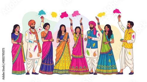 Group of people celebrating Holi festival with colored powder traditional Indian clothing and festive atmosphere illustration for cultural events and invitations