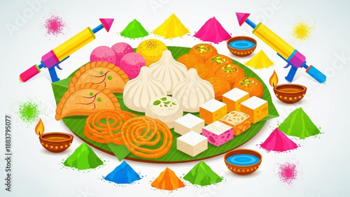 Vibrant Indian festival food and colors featuring traditional sweetspichkaris and gulal for Holi celebration isolated on white background