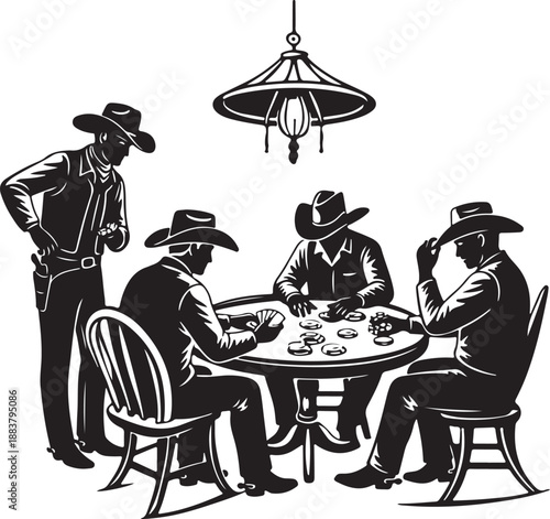 Western Saloon Card Game Silhouette: Four Cowboys Playing Poker