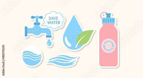 Water Conservation Icons Set with Bottle.