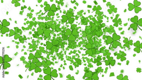 Green clover shamrock confetti explosion St Patricks Day celebration background festive and lucky design element for holidays