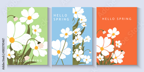set of spring poster holiday in modern art style. Greeting cards with  flowers in pastel colors and trendy typography.Abstract floral background for Mother's Day, Women's Day March 8, birthday, Easter