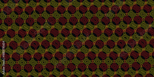 Seamless pattern of dark red circles outlined in gold on a textured olive green background with diagonal criss-cross lines creating a rich, intricate design.