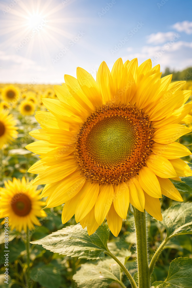 Fototapeta premium Close-up of bright sunflower head with detailed seeds under sunlight