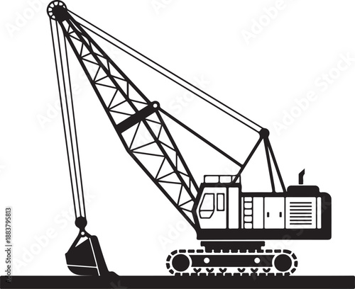 Black silhouette icon of a heavy dragline excavator on crawler tracks.