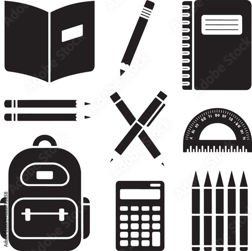 School supplies vector icons collection backpack calculator pencils notebooks protractor education elements graphic