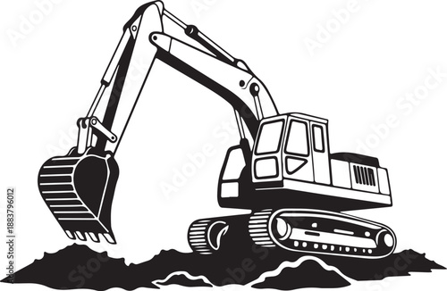 Black and White Excavator Construction Equipment Graphic Icon