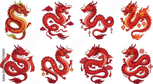 A collection of eight vibrant red and orange Chinese dragons in various dynamic poses, adorned with traditional cultural elements like clouds and lanterns, symbolizing power and good fortune.