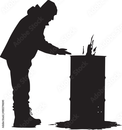 Silhouette of person warming hands over barrel fire vector illustration