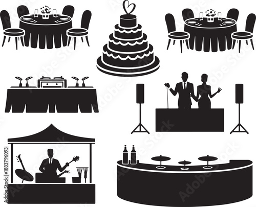 Set of black silhouette icons representing wedding and party event arrangements and decor