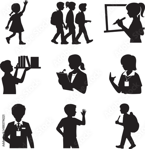 Set of black silhouettes featuring various school related activities students and teachers on transparent background