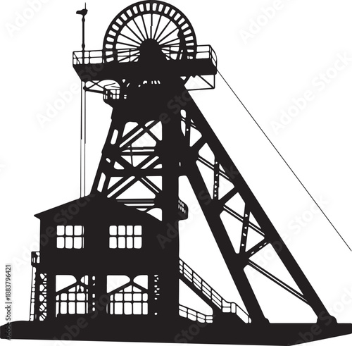 Detailed silhouette illustration of a historical coal mine headgear or winding tower.