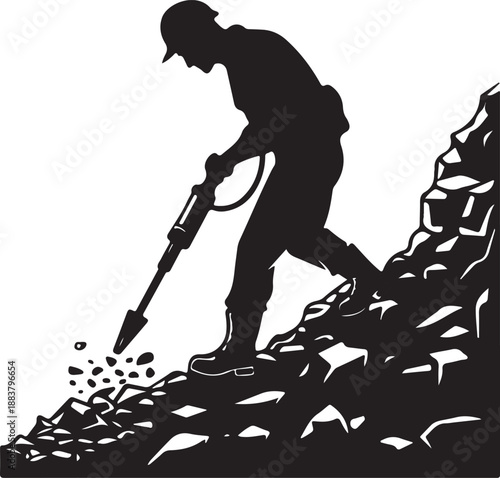 Construction Worker Jackhammering Rock Formation Silhouette Icon