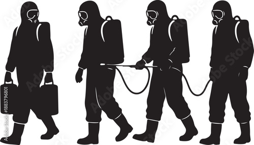 Four Men in Black HAZMAT Suits Walking Silhouette Decontamination Team Icon