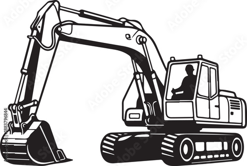 Side View of Excavator with Operator Silhouette Black and White Illustration