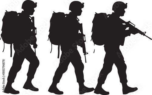 Three infantry soldiers silhouettes walking in formation with weapons and gear