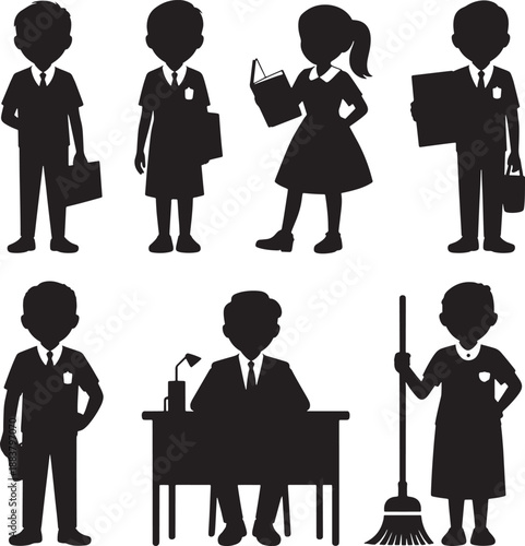 students, teacher, and janitor in school setting vector silhouette collection