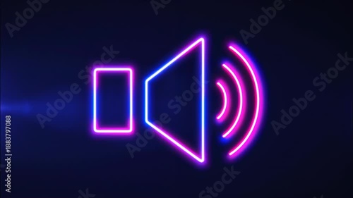 A neon sound icon, featuring a speaker emitting waves, is set against a dark blue background
