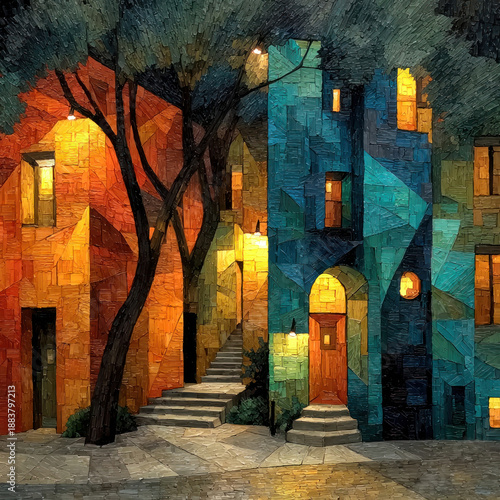 An artistic illustration of a nighttime city block in an expressive mosaic and painterly style. 