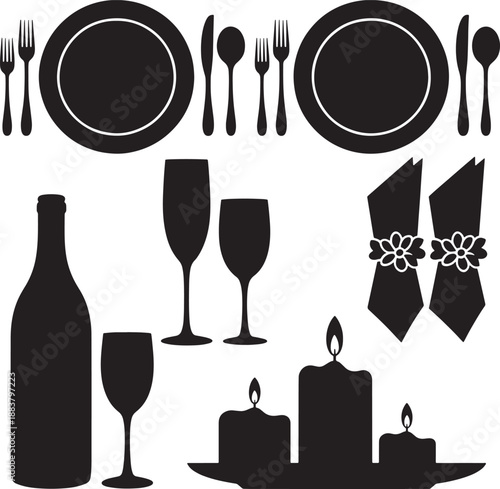 Table setting silhouettes showing dinner plates cutlery glassware napkins and candle displays