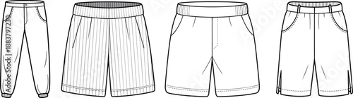 Fashion technical flat sketches of pants and shorts, apparel design illustration showing waistband, pockets, seams and garment details