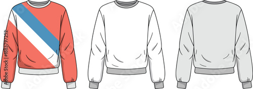 Colorful sweatshirt design variations, fashion mockup, apparel template, casual wear, trendy clothing, textile showcase, garment preview