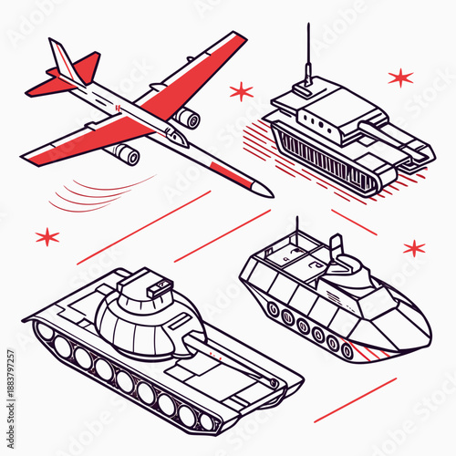 Illustration of various military vehicles