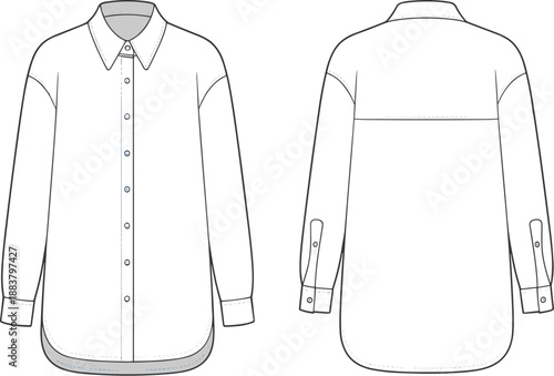 Long sleeve shirt technical sketch, front and back view, fashion design template, garment construction, apparel blueprint illustration