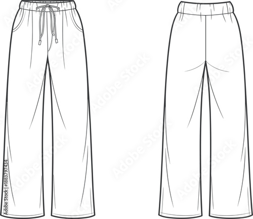 Relaxed wide-leg pants fashion illustration, front and back technical sketch, elastic waist, drawstring, pockets, garment design