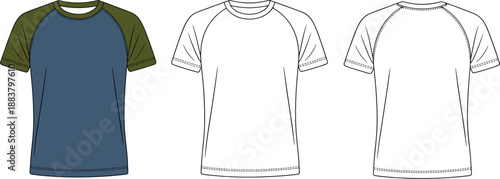 Short sleeve raglan t-shirt technical sketch, fashion flat design, garment construction, apparel template, sewing pattern illustration