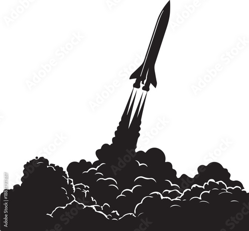 Space Rocket Launching with Heavy Smoke Isolated Black and White Vector