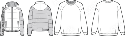 Technical fashion flat sketch, padded jacket and crewneck sweatshirt, front and back view, garment design illustration, apparel template