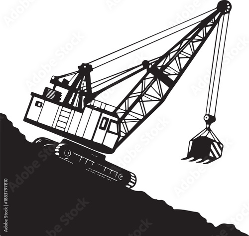 Vector Illustration of Heavy Duty Excavator Dragline Crane Silhouette