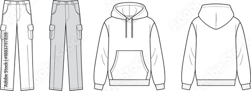 Technical fashion sketch of cargo pants and hooded sweatshirt, garment design illustration, apparel construction drawing, vector template