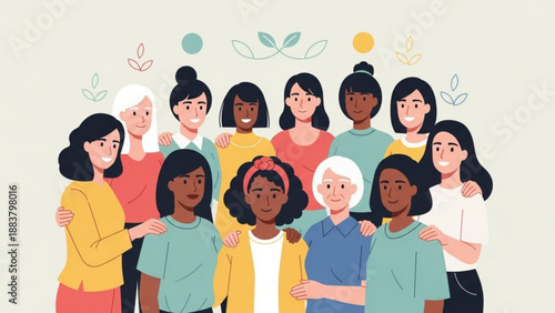 Diverse group of women standing together celebrating sisterhood and unity flat vector illustration for social media and concept design