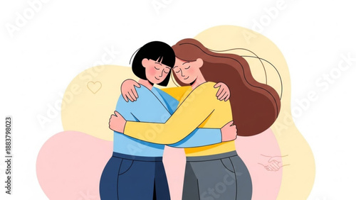 Two women embracing showing friendship and support flat vector illustration for concept of connection and togetherness isolated on white