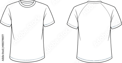 Technical sketch of short sleeve t-shirt front and back view, crew neck, raglan sleeve, garment construction illustration