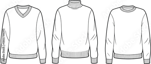 V-neck, turtleneck, crew neck sweaters illustration, fashion design sketch, knitwear styles comparison, garment template, apparel concept