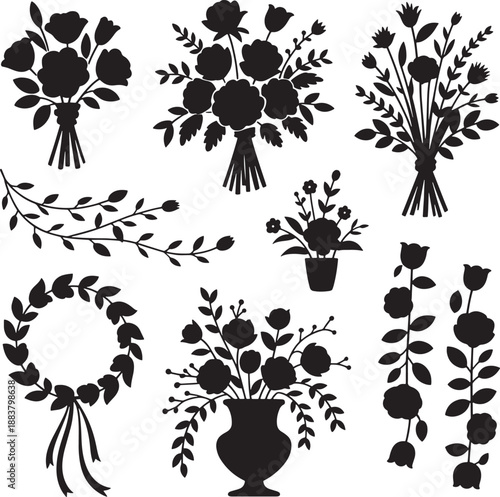 Wedding floral silhouettes collection includes bouquets branches wreath vase arrangements and decorative stems vector set