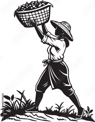 Black and White Farmer Woman with Basket of Harvest Logo Style Vector